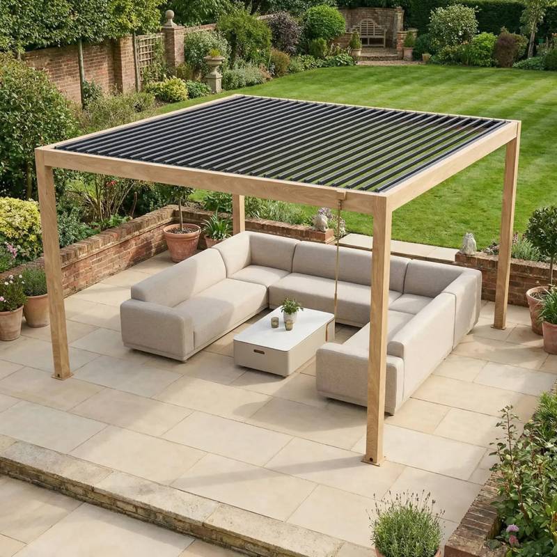 Wood-look aluminum pergola over pavers · reference photo
