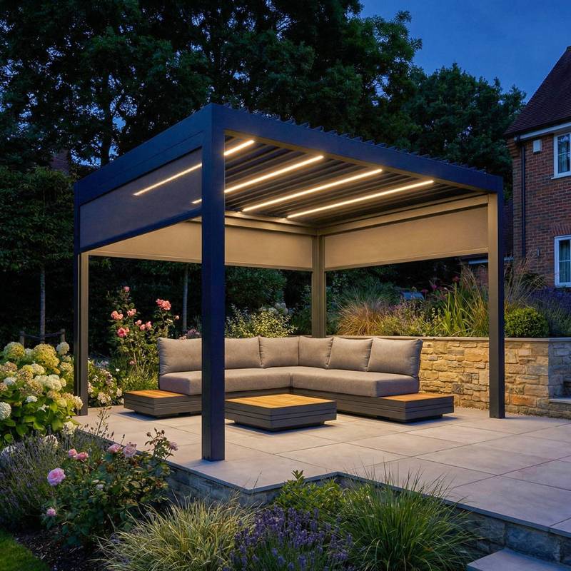 Aluminum pergola with lounge at sunset · reference photo