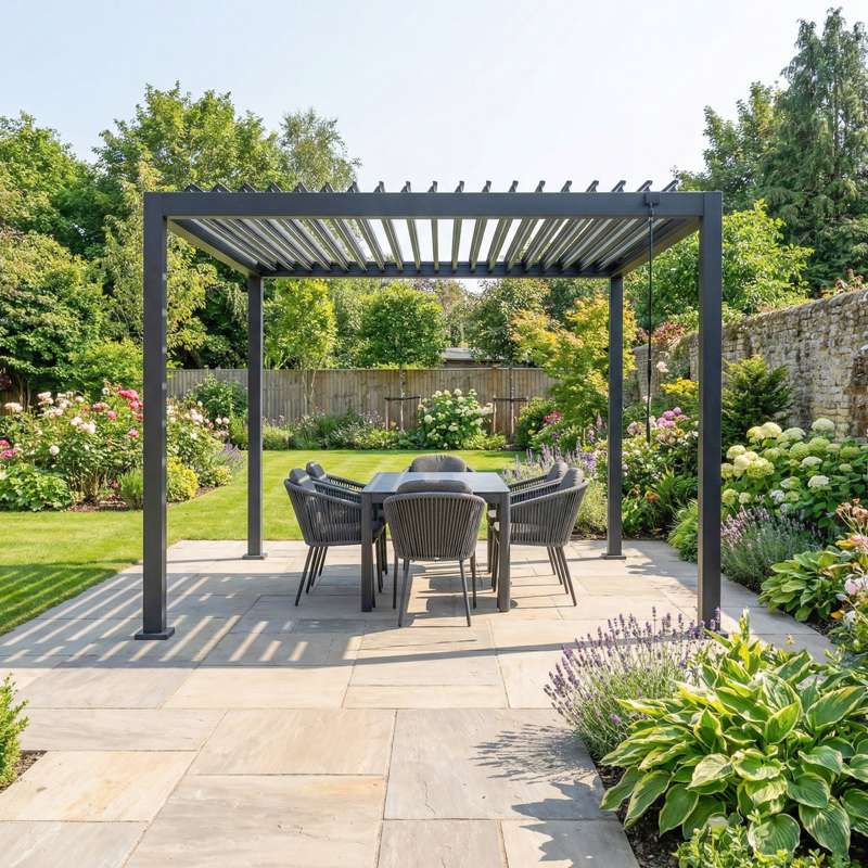 Aluminum pergola over a dining table in a finished garden · reference photo